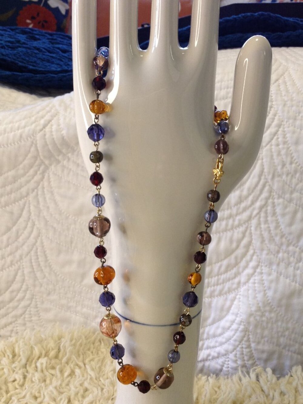 VTG 18" Faceted Glass Beaded necklace "LC" heart Beautiful stones Chic Bohemian